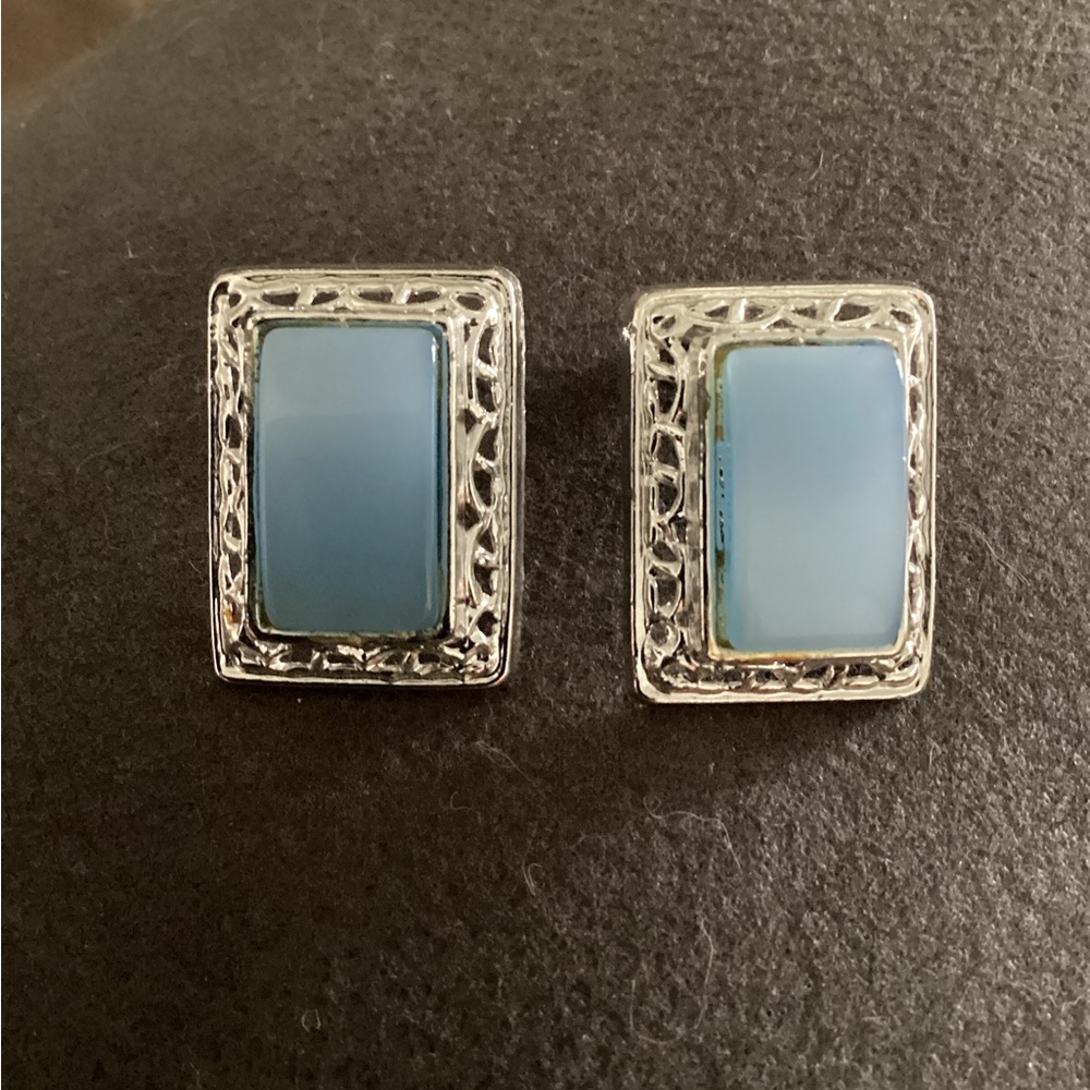 Vintage Signed PAM Sky Blue Thermoset lucite Panel Cabochon clip on Earr…